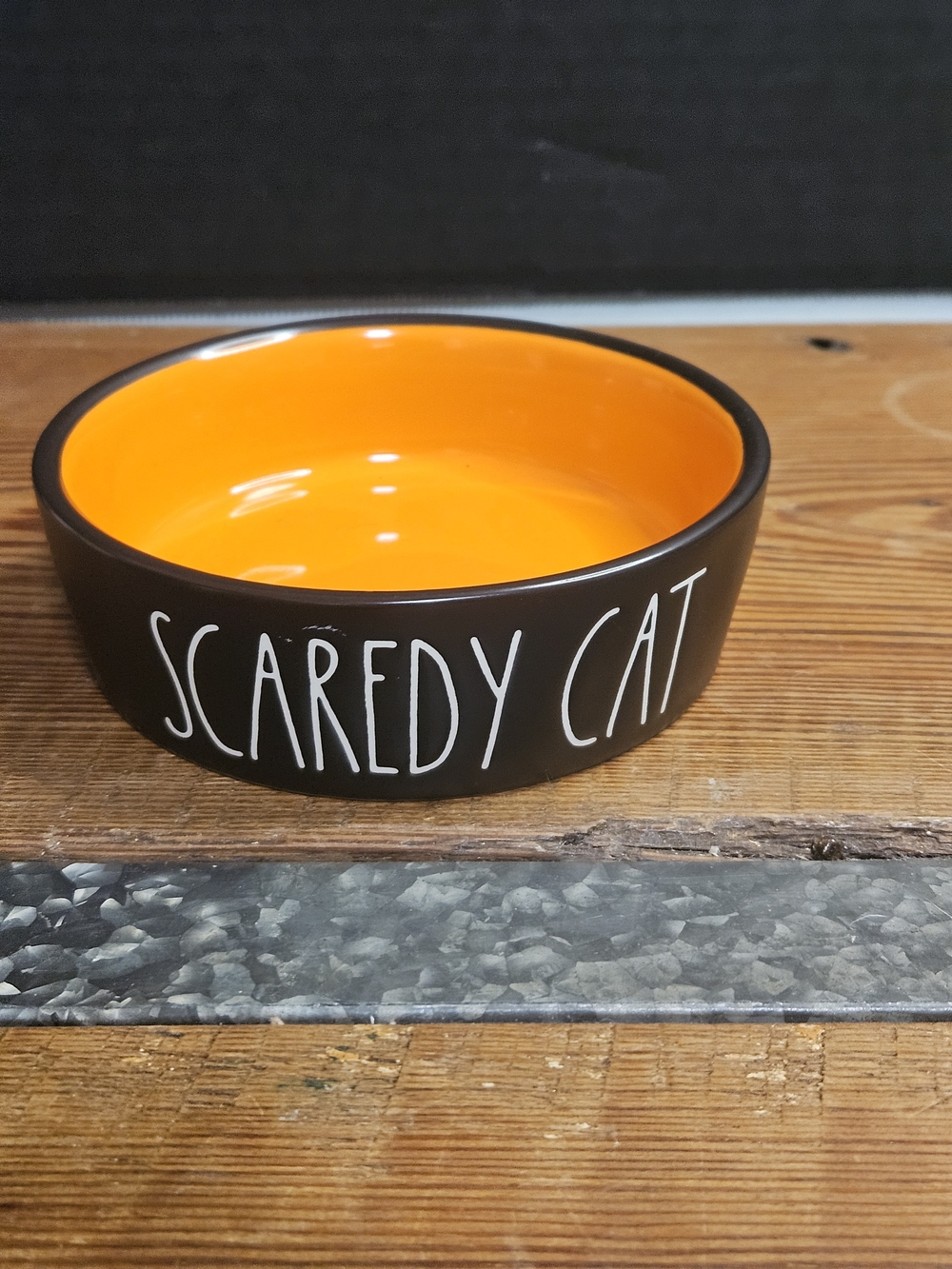 Rae Dunn Scaredy Cat Pet Bowl - Orange Interior, Black Exterior